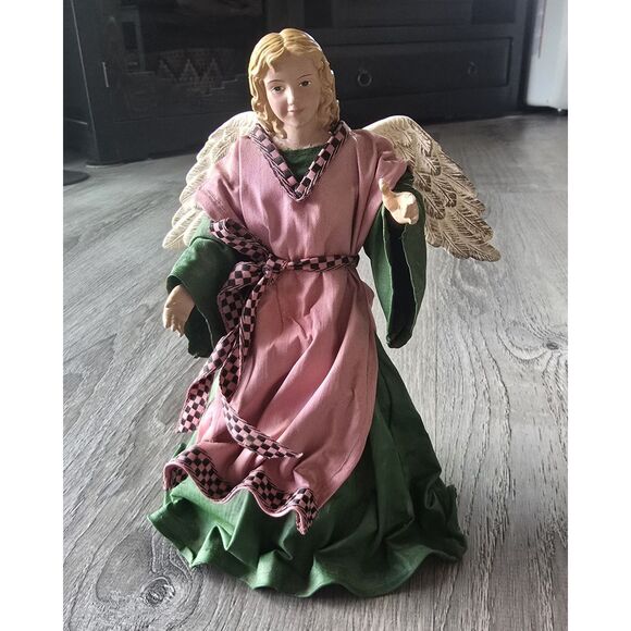 VTG 90s Paper Mache Clothtique Angel Christmas Tree Topper /Decor Green Pink - Picture 1 of 8